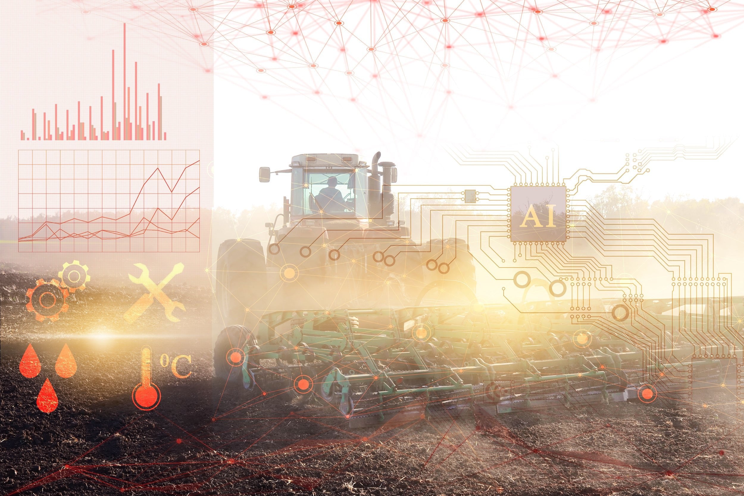 Ein Traktor bearbeitet ein landwirtschaftliches Feld mit Hilfe von der fortschreitenden Digitalisierung und erhobenen Daten.
