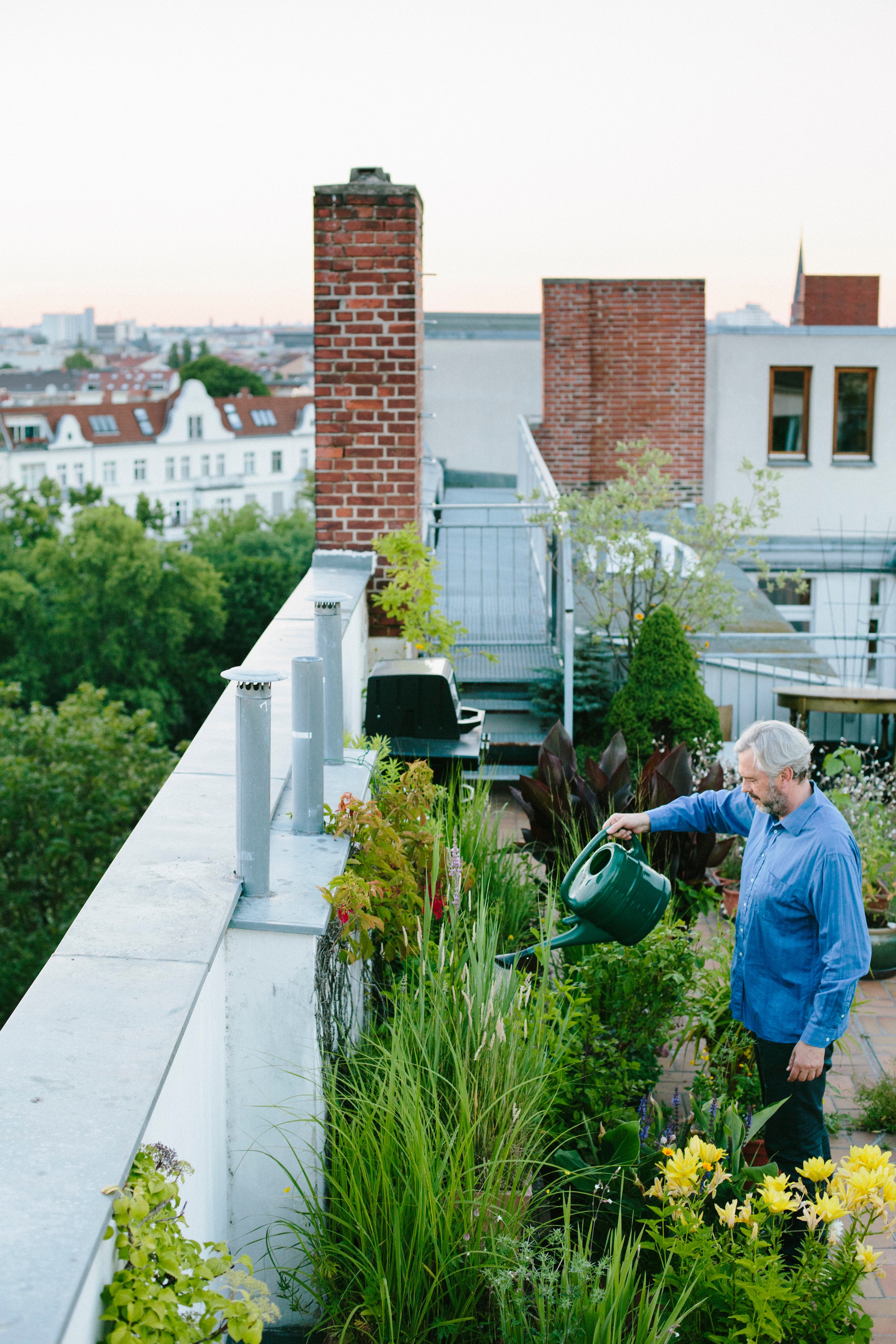 Ein Mann gießt auf seiner Terrasse sein Pflanzen, die er davor mit einem organischen Dünger gedüngt hat.