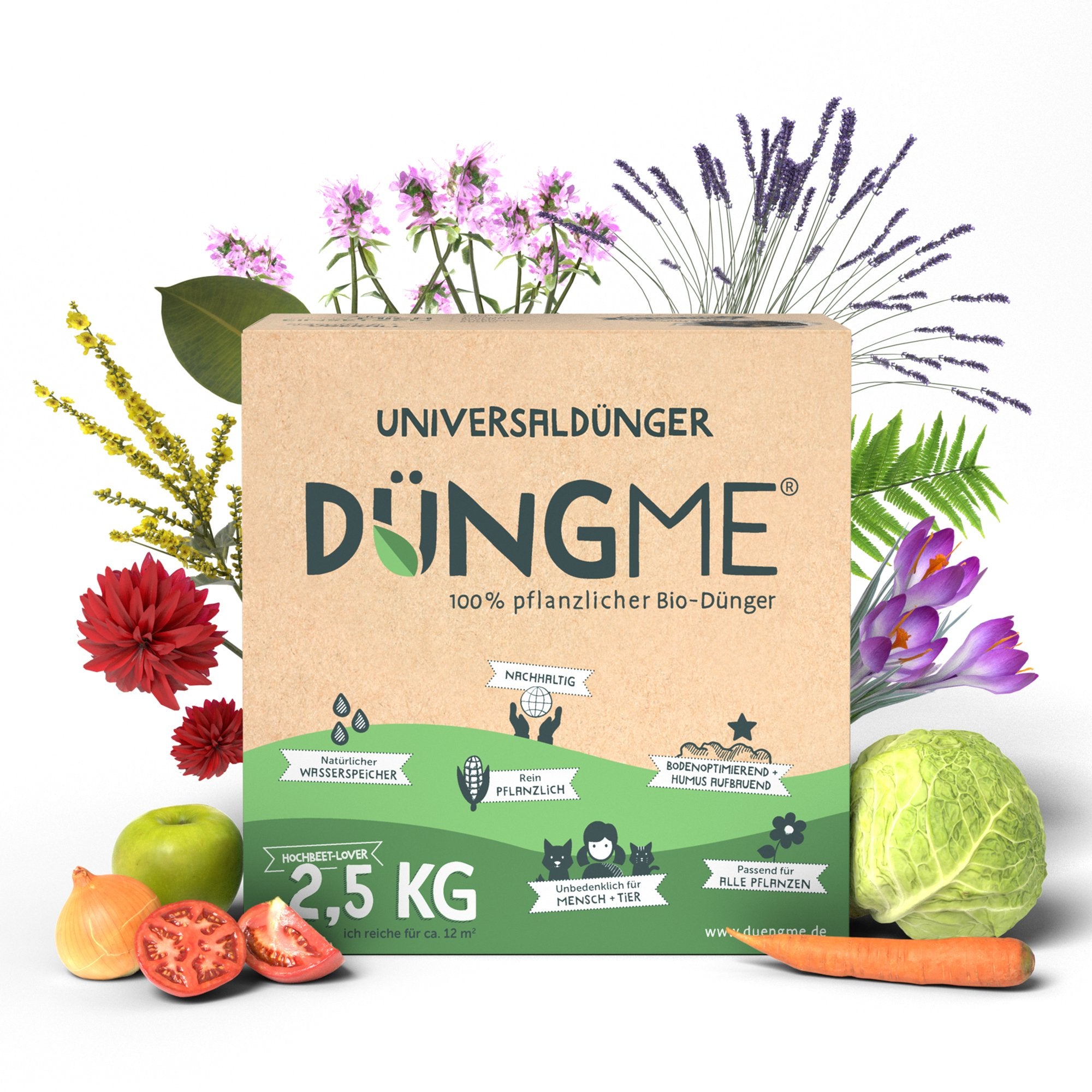 Der Universaldünger von düngme besteht aus 2,5kg Packungsinhalt mit Düngepellets